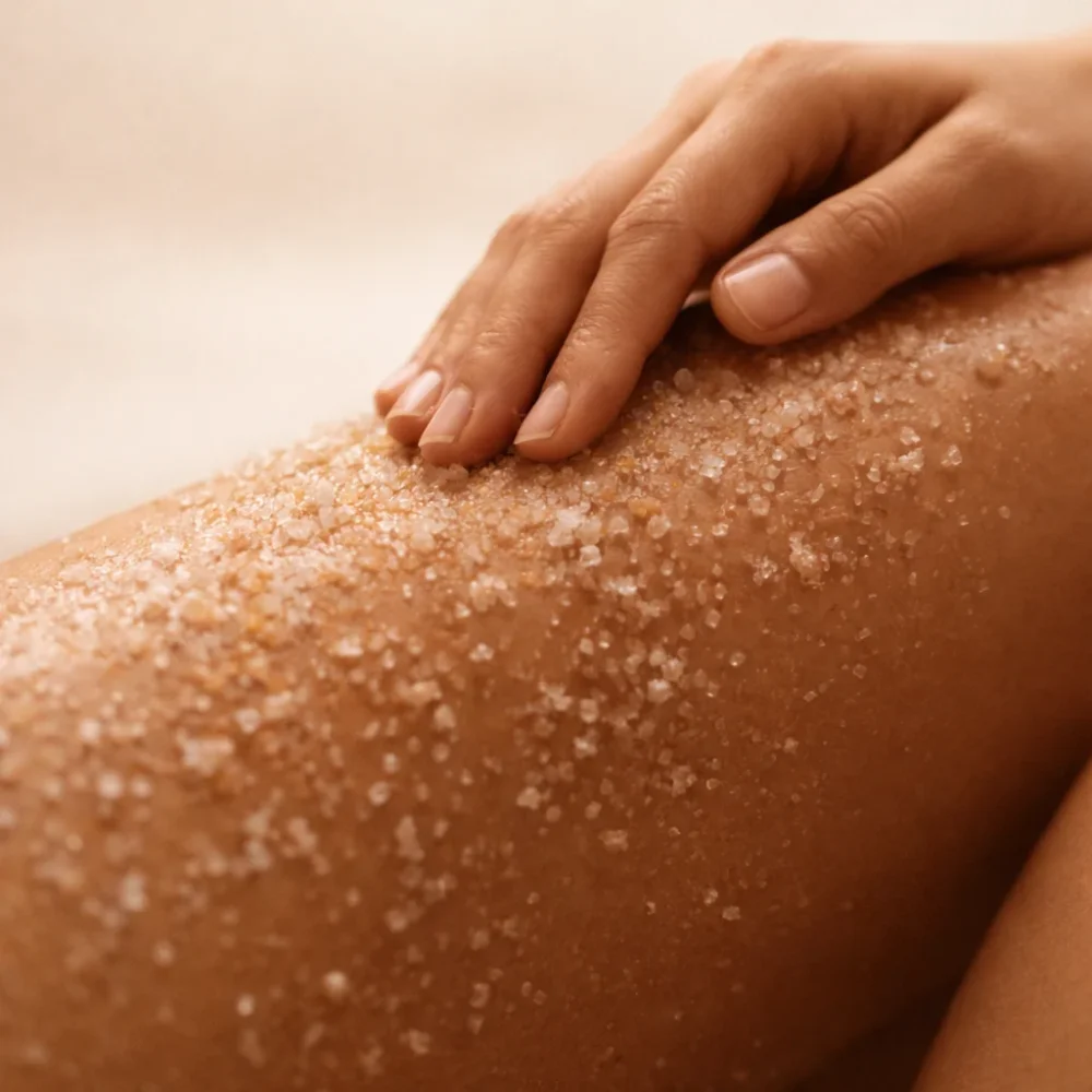 Rituální tělová péče – aplikace peelingu a vědomý moment klidu